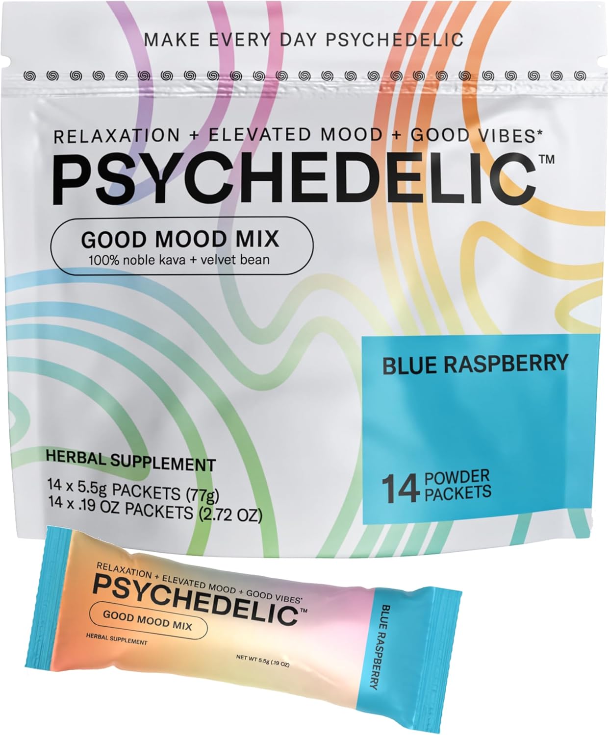 Blue Raspberry Psychedelic Water Good Mood Mix Powder Packets for Calming Kava Drink - Single-Serving Flavored Powder with Mucuna Pruriens and Stevia - Non Alcoholic Adaptogen Mocktails - 14 Stick Pack