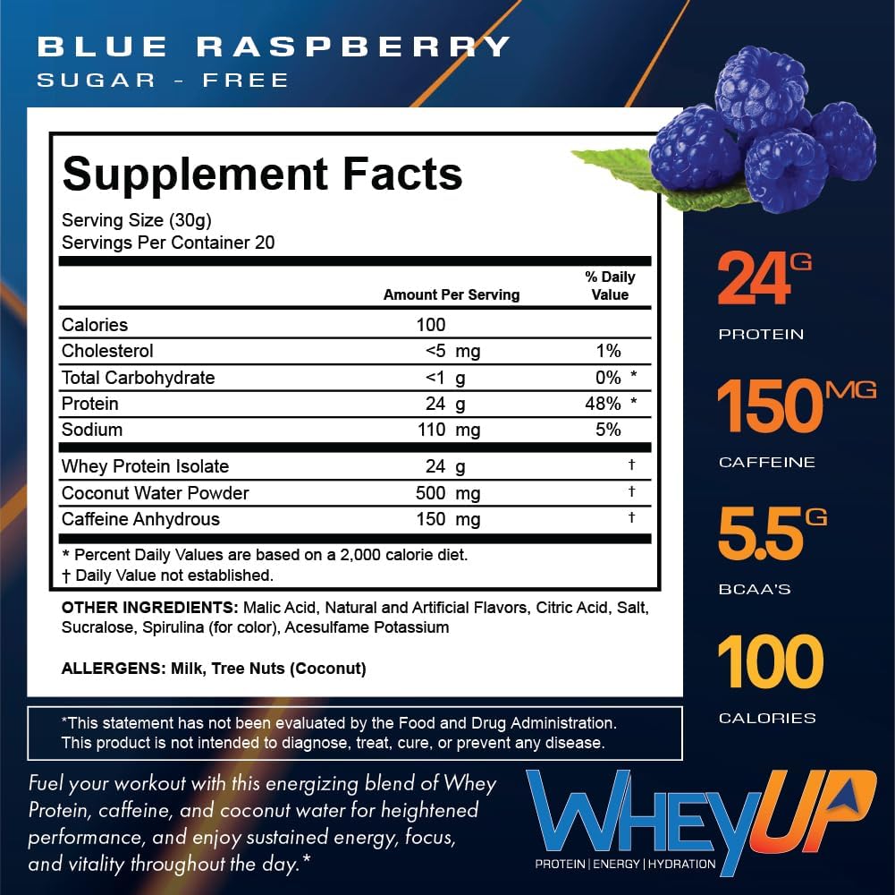 Blue Raspberry WheyUP Clear Whey Isolate Protein Powder with 150mg Caffeine, 24g Protein, 20 Servings, 5.5g BCAA'S, 100 Cal, Sugar Free, 500mg Coconut Water - Ideal Pre-Post Workout Drink
