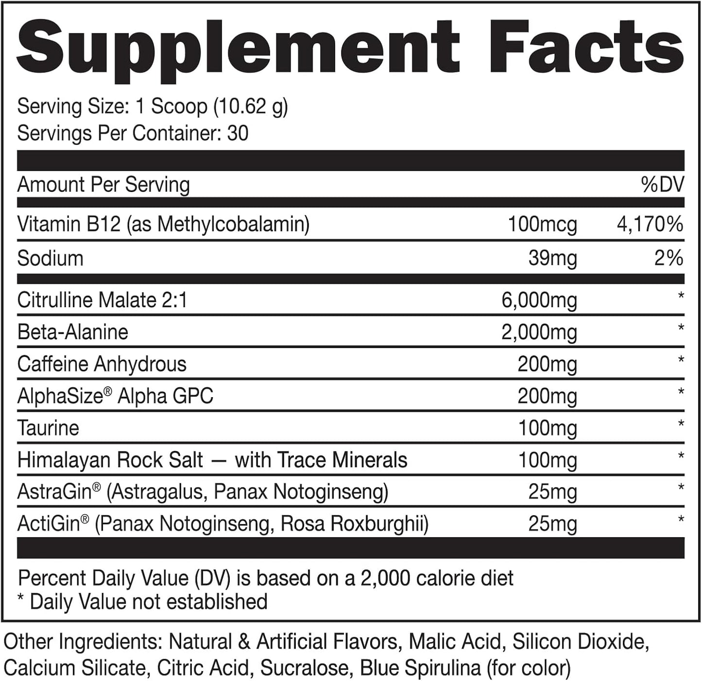 Blue Raz Pre Workout with 6g Citrulline, 2g Beta Alanine, & 3 Trademarked Ingredients