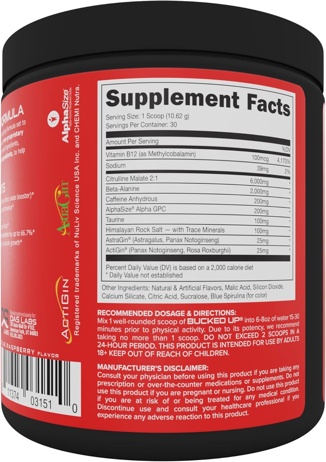 Blue Raz Pre Workout with 6g Citrulline, 2g Beta Alanine, & 3 Trademarked Ingredients