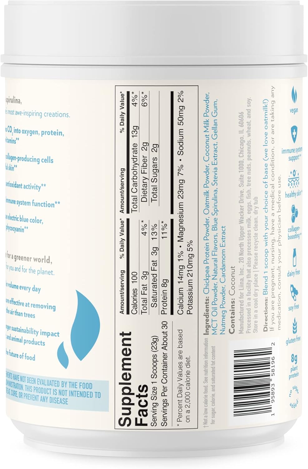 Blue Spirulina Powder: Vegan Collagen Boost, 1000mg per Serving, Vanilla Coconut Superfood, Dairy Free, No Sugar (Bulk Tub, 15 Servings)