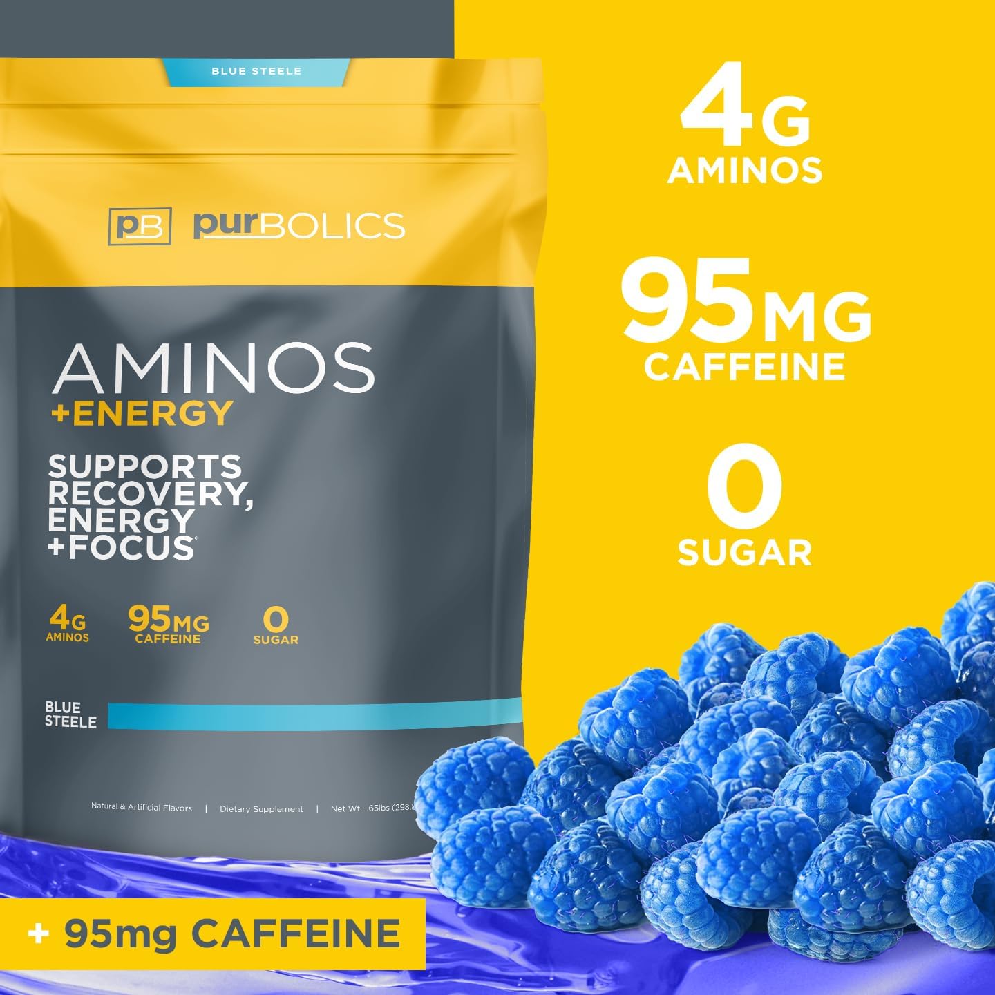 Blue Steele Amino Energy Drink Mix | Supports Recovery, Energy, Focus | 95mg Caffeine, 0 Cal, 60 Servings