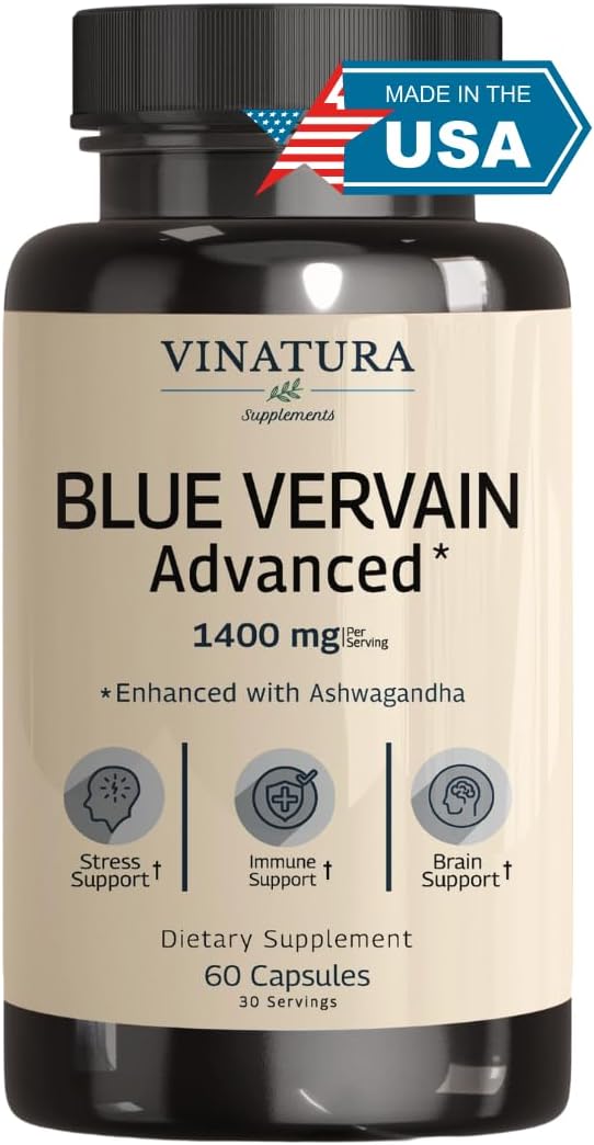 Blue Vervain and Ashwagandha Blend Capsules - 1400mg per serving, Brain Health and Stress Relief Support, 60 Count