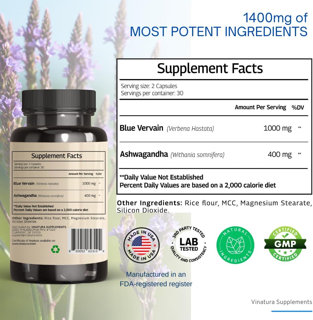 Blue Vervain and Ashwagandha Blend Capsules - 1400mg per serving, Brain Health and Stress Relief Support, 60 Count