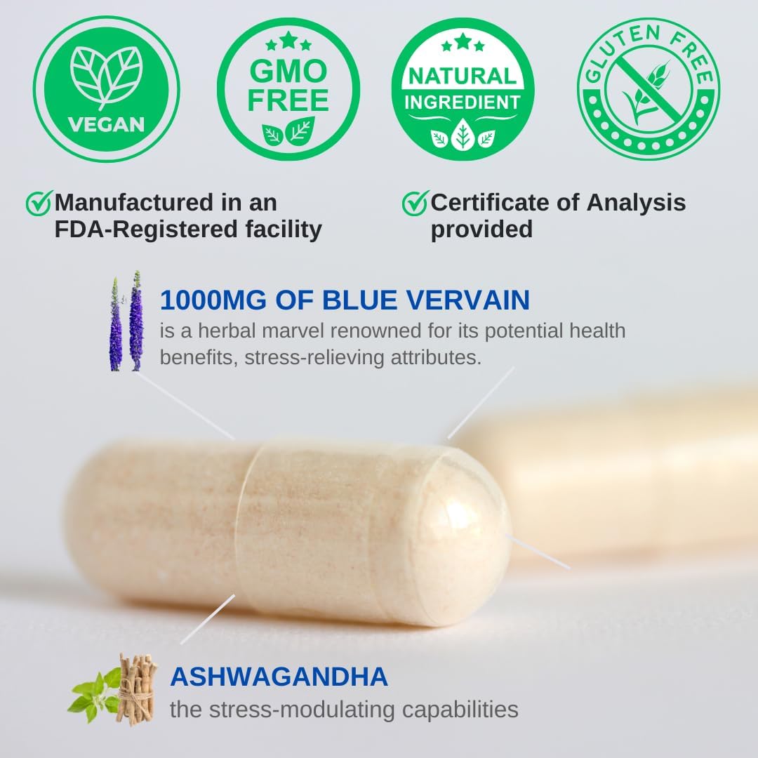 Blue Vervain and Ashwagandha Blend Capsules - 1400mg per serving, Brain Health and Stress Relief Support, 60 Count