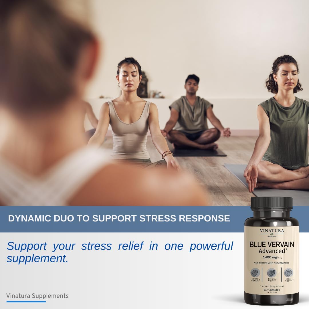 Blue Vervain and Ashwagandha Blend Capsules - 1400mg per serving, Brain Health and Stress Relief Support, 60 Count