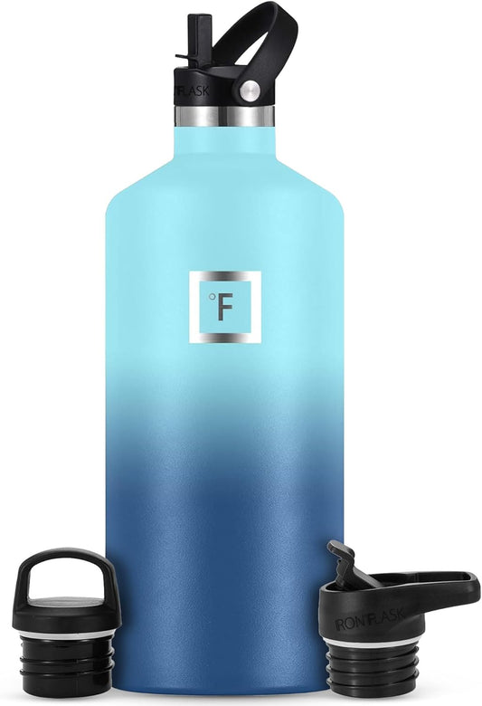 Blue Waves 64 Oz Vacuum Insulated Stainless Steel Sports Water Bottle with 3 Lids - Leak Proof Canteen for Camping & Hiking