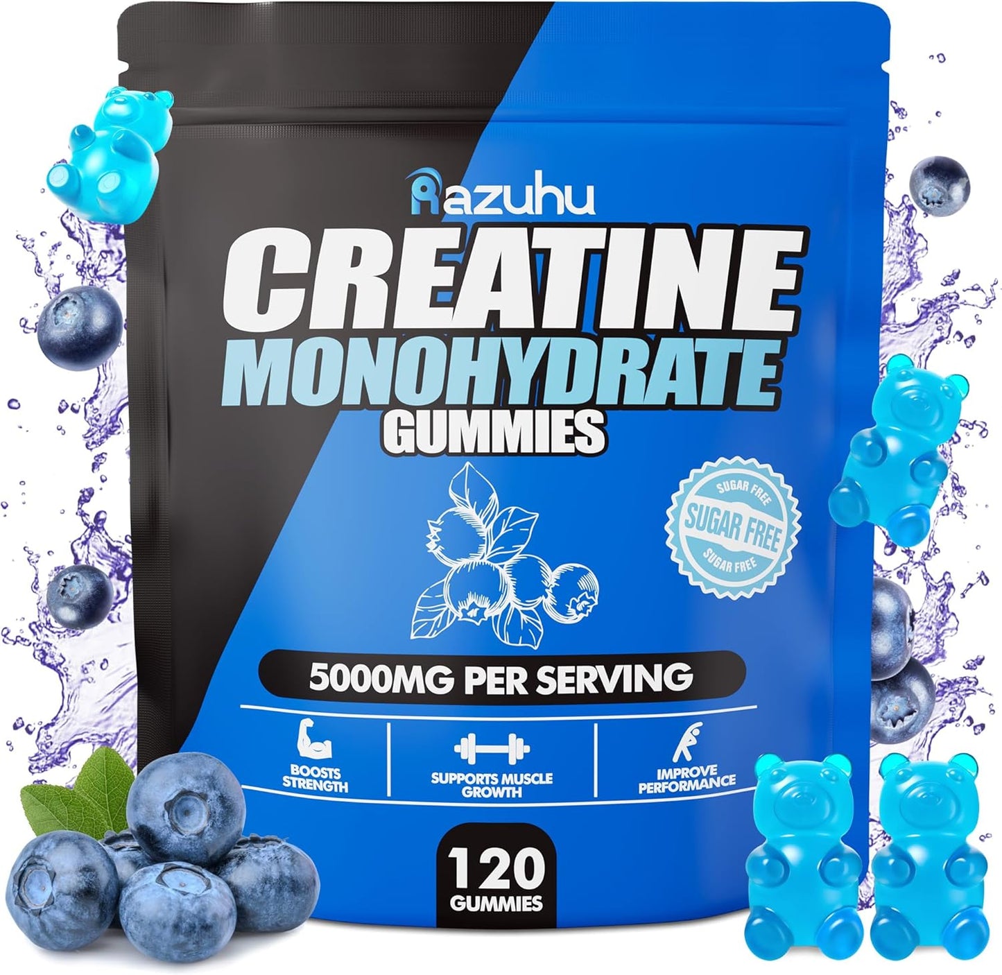 Blueberry Creatine Monohydrate Gummies for Muscle Growth & Strength - 5g per Serving, Vegan Pre-Workout Supplement (120 Count)