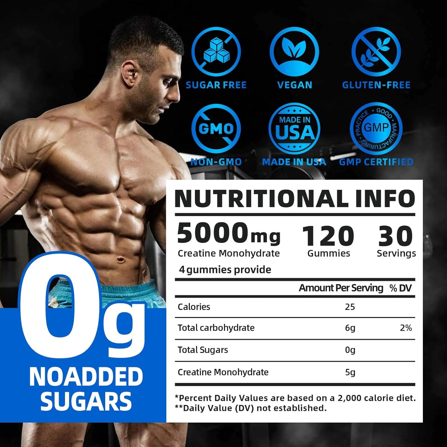 Blueberry Creatine Monohydrate Gummies for Muscle Growth & Strength - 5g per Serving, Vegan Pre-Workout Supplement (120 Count)