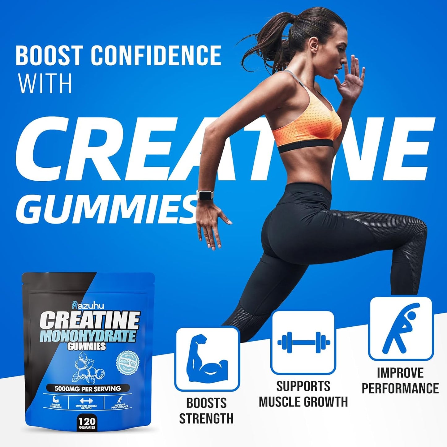 Blueberry Creatine Monohydrate Gummies for Muscle Growth & Strength - 5g per Serving, Vegan Pre-Workout Supplement (120 Count)