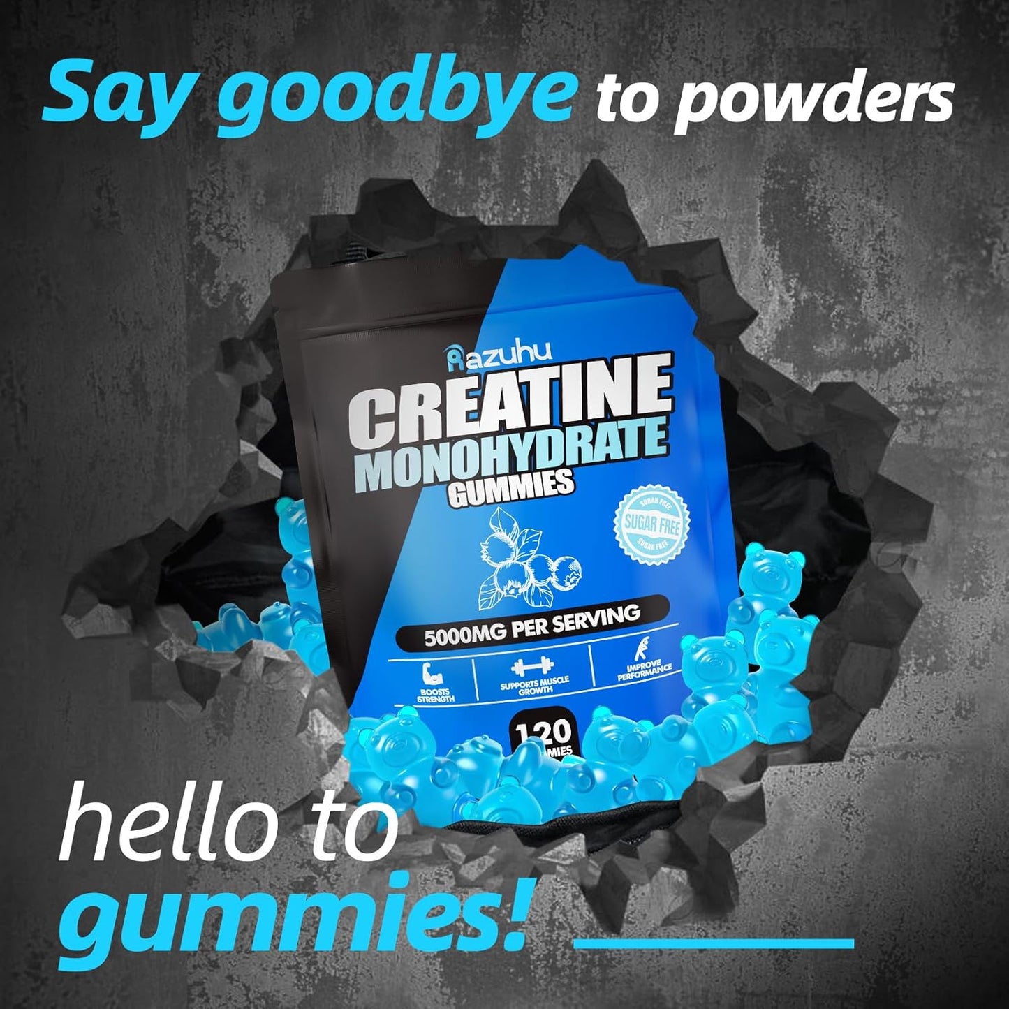 Blueberry Creatine Monohydrate Gummies for Muscle Growth & Strength - 5g per Serving, Vegan Pre-Workout Supplement (120 Count)