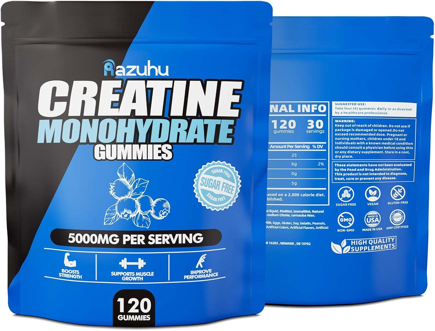 Blueberry Creatine Monohydrate Gummies for Muscle Growth & Strength - 5g per Serving, Vegan Pre-Workout Supplement (120 Count)