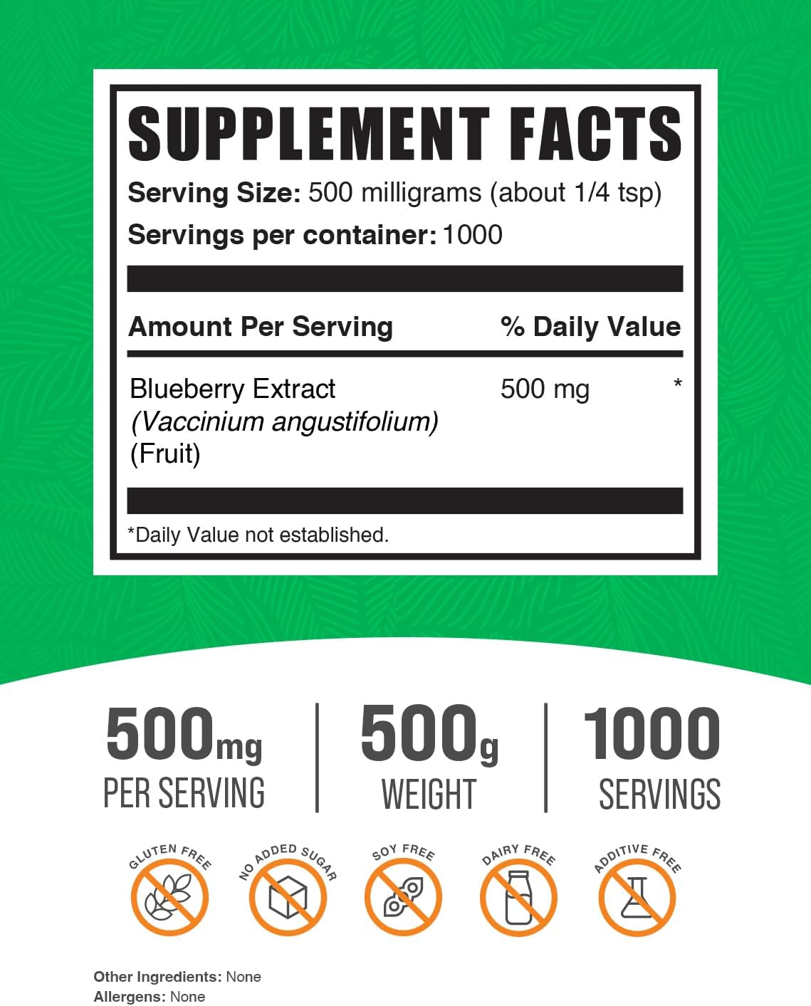 Blueberry Extract Powder - Vegan & Gluten-Free Supplement, Wild Blueberry Extract 500mg - 500g (1.1 lbs) Pack
