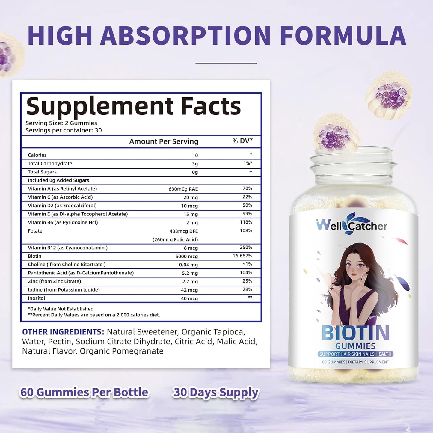 Blueberry Flavored Biotin Gummies for Hair Growth - Vegan Multivitamin Chewables for Strong Hair, Skin & Nails - Sugar-Free Hair Growth Gummy - 30-Day Supply for Men, Women, and Kids