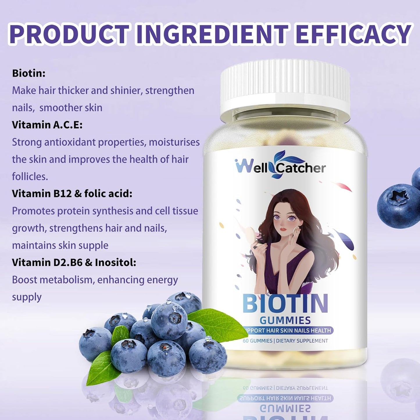 Blueberry Flavored Biotin Gummies for Hair Growth - Vegan Multivitamin Chewables for Strong Hair, Skin & Nails - Sugar-Free Hair Growth Gummy - 30-Day Supply for Men, Women, and Kids
