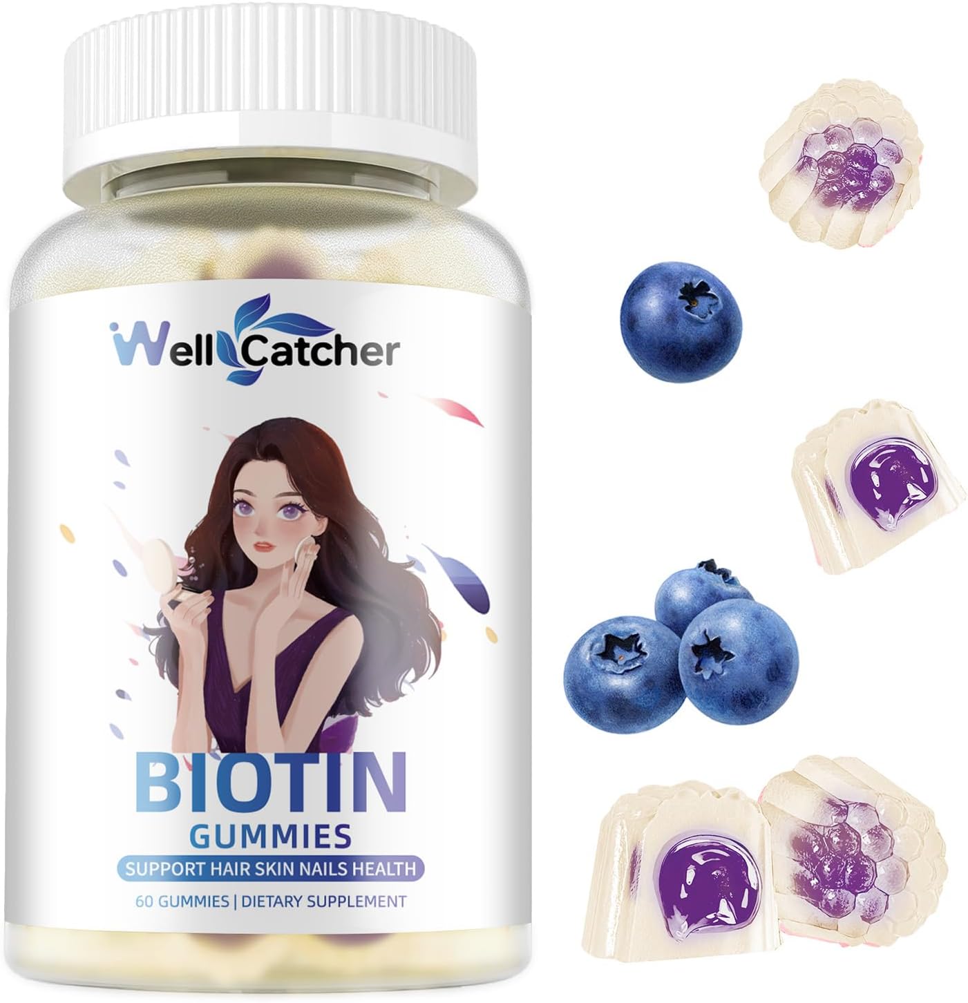 Blueberry Flavored Biotin Gummies for Hair Growth - Vegan Multivitamin Chewables for Strong Hair, Skin & Nails - Sugar-Free Hair Growth Gummy - 30-Day Supply for Men, Women, and Kids
