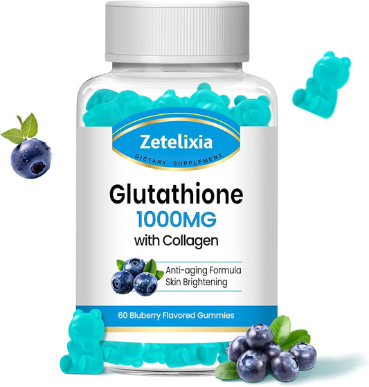 Blueberry Flavored Glutathione Collagen Gummies with Vitamin C for Women - 60 Count, Vegan, Sugar Free Supplement for Hair, Skin, Nails, Muscles, Joints, Anti-Aging
