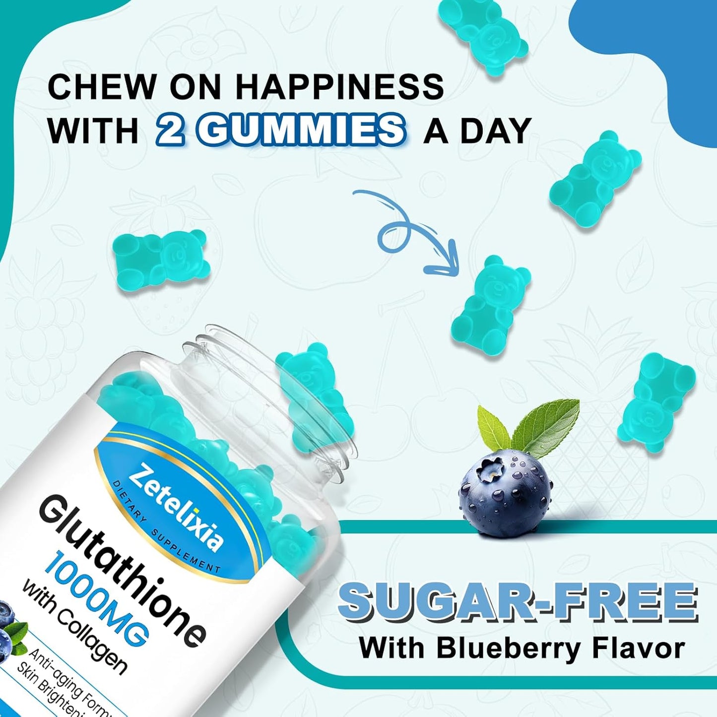 Blueberry Flavored Glutathione Collagen Gummies with Vitamin C for Women - 60 Count, Vegan, Sugar Free Supplement for Hair, Skin, Nails, Muscles, Joints, Anti-Aging