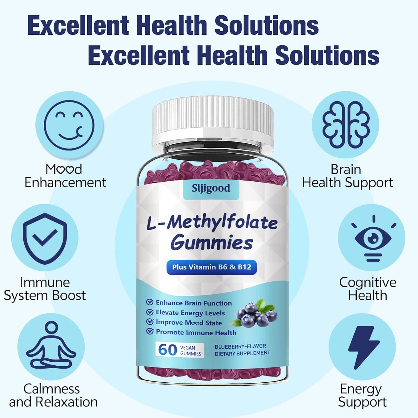 Blueberry Flavored L-Methylfolate Gummies with Methyl B12 - Boost Mood, Enhance Brain Health & Support Immunity - 60 Count