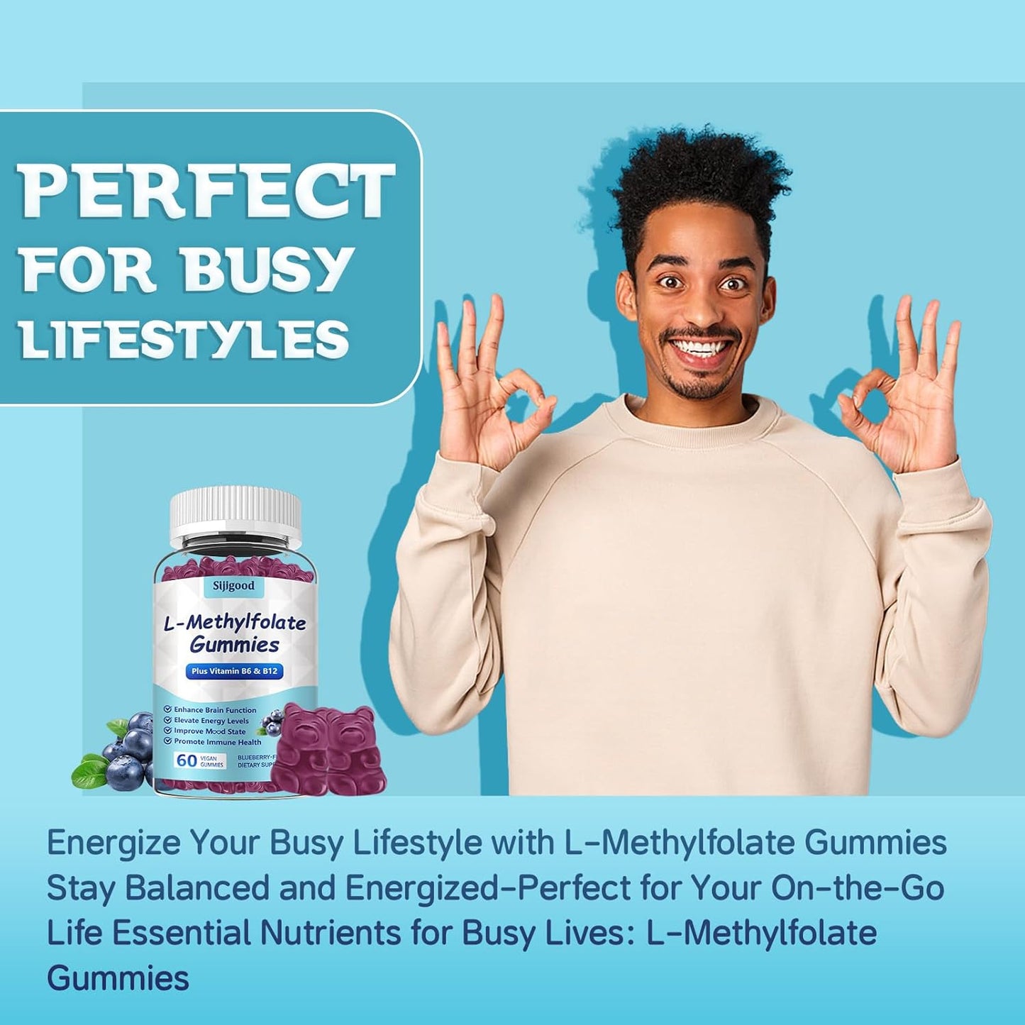 Blueberry Flavored L-Methylfolate Gummies with Methyl B12 - Boost Mood, Enhance Brain Health & Support Immunity - 60 Count