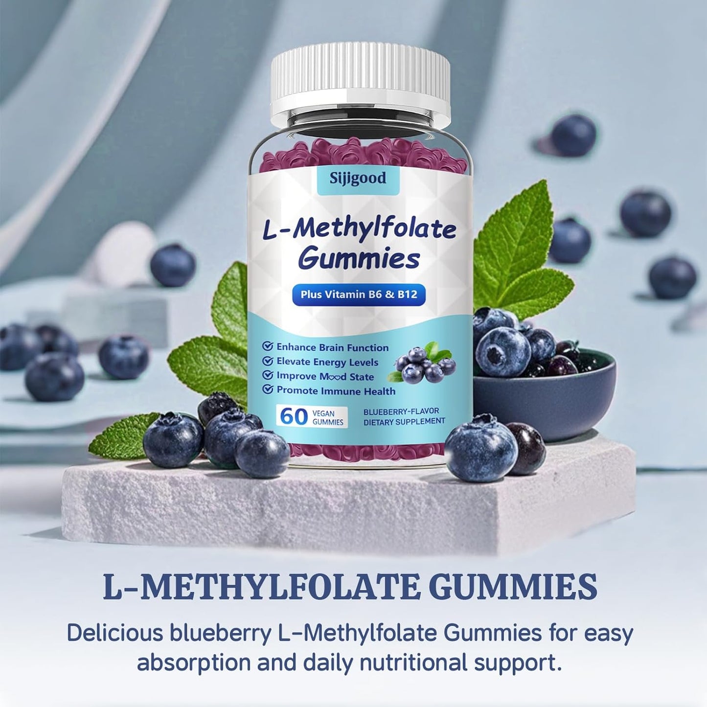Blueberry Flavored L-Methylfolate Gummies with Methyl B12 - Boost Mood, Enhance Brain Health & Support Immunity - 60 Count