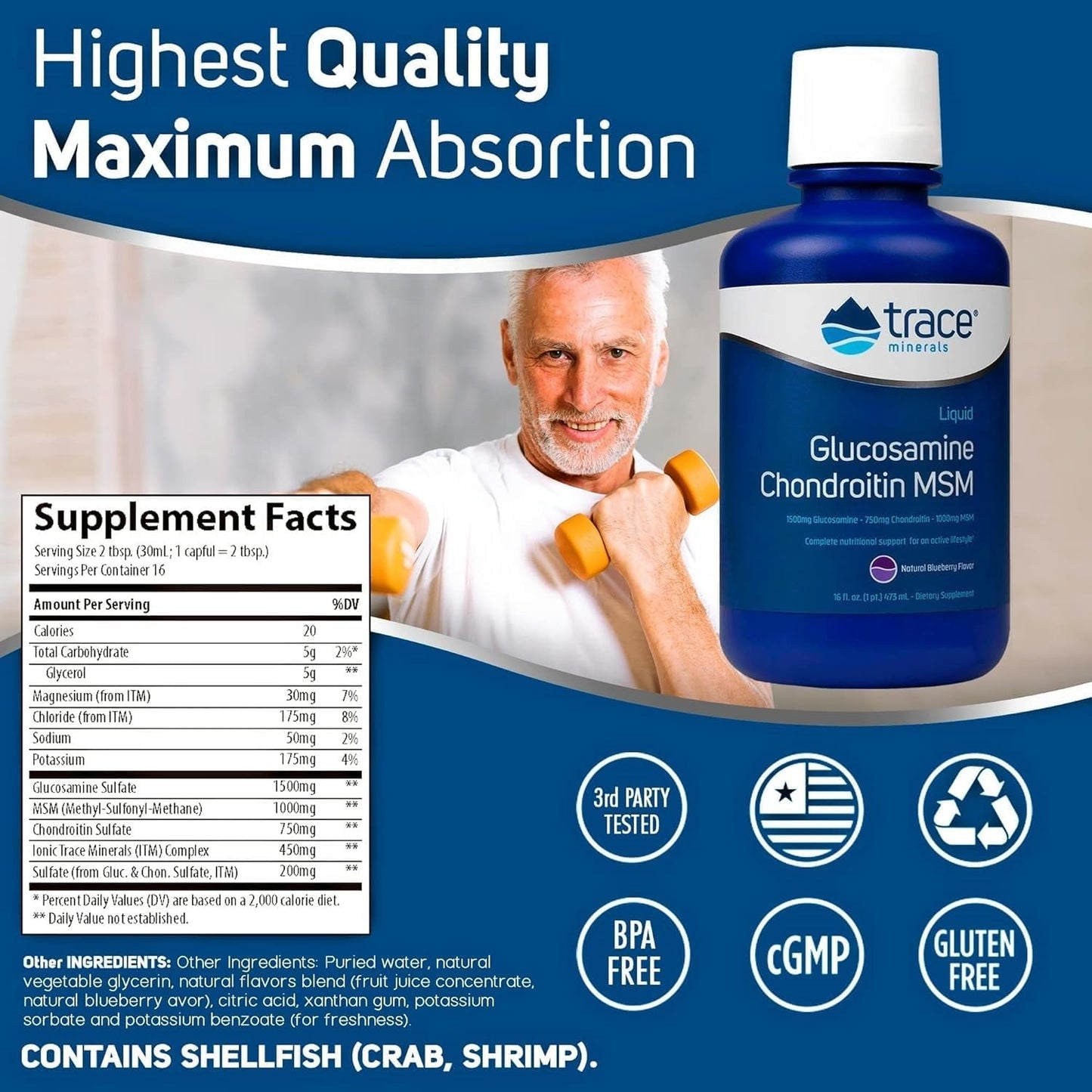 Blueberry Flavored Liquid Glucosamine Chondroitin MSM with Trace Minerals - Supports Joint Health and Mobility - 16 Servings, 16 fl oz