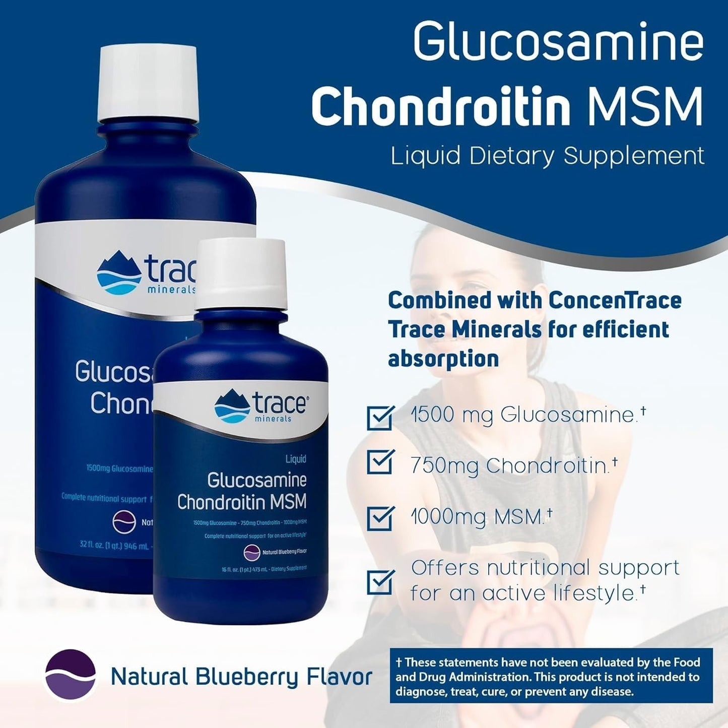 Blueberry Flavored Liquid Glucosamine Chondroitin MSM with Trace Minerals - Supports Joint Health and Mobility - 16 Servings, 16 fl oz