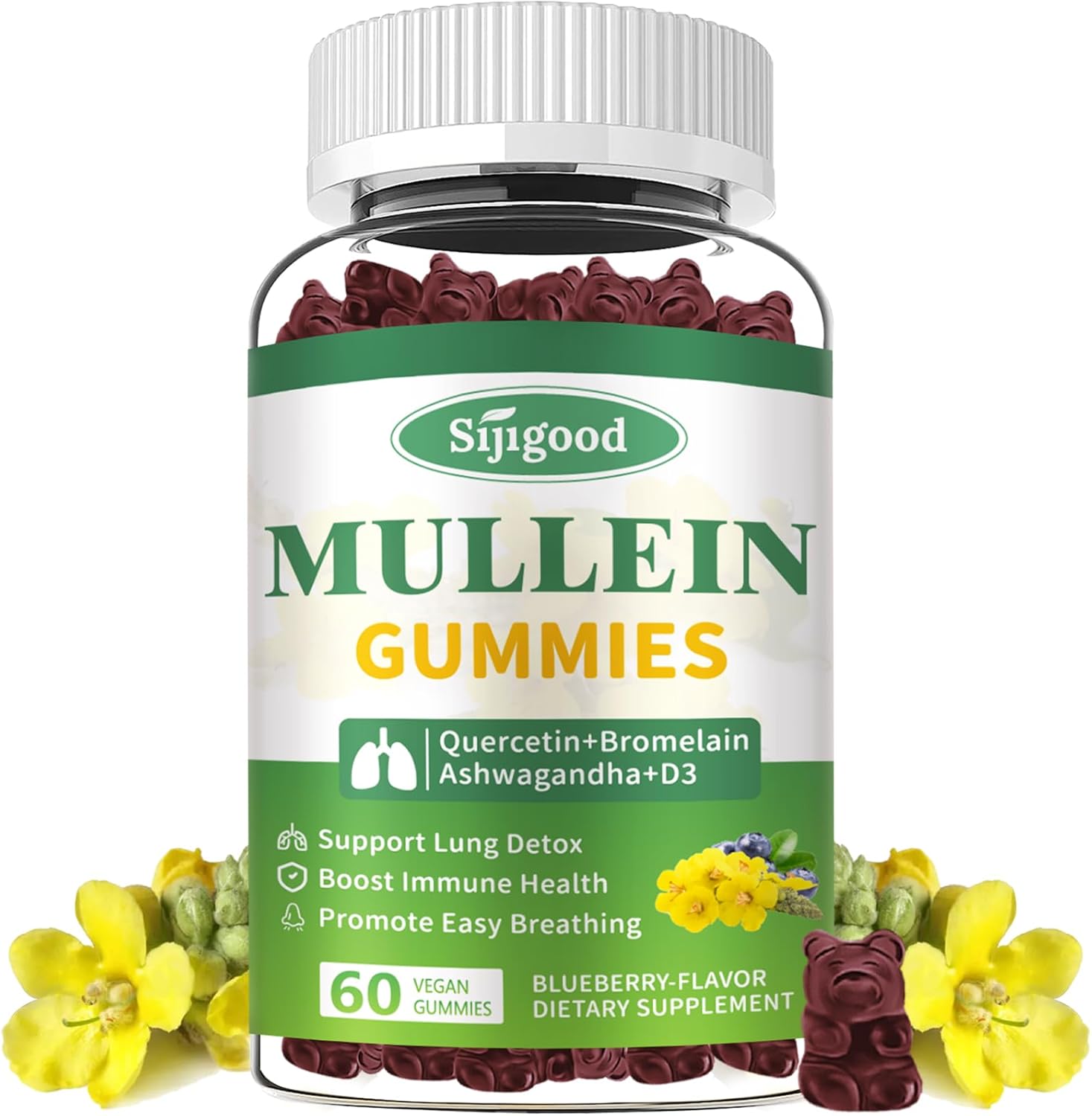 Blueberry Flavored Mullein Leaf Gummies with Bromelain & Quercetin - Sugar-Free Lung Cleanse & Immune Support - 60 Count
