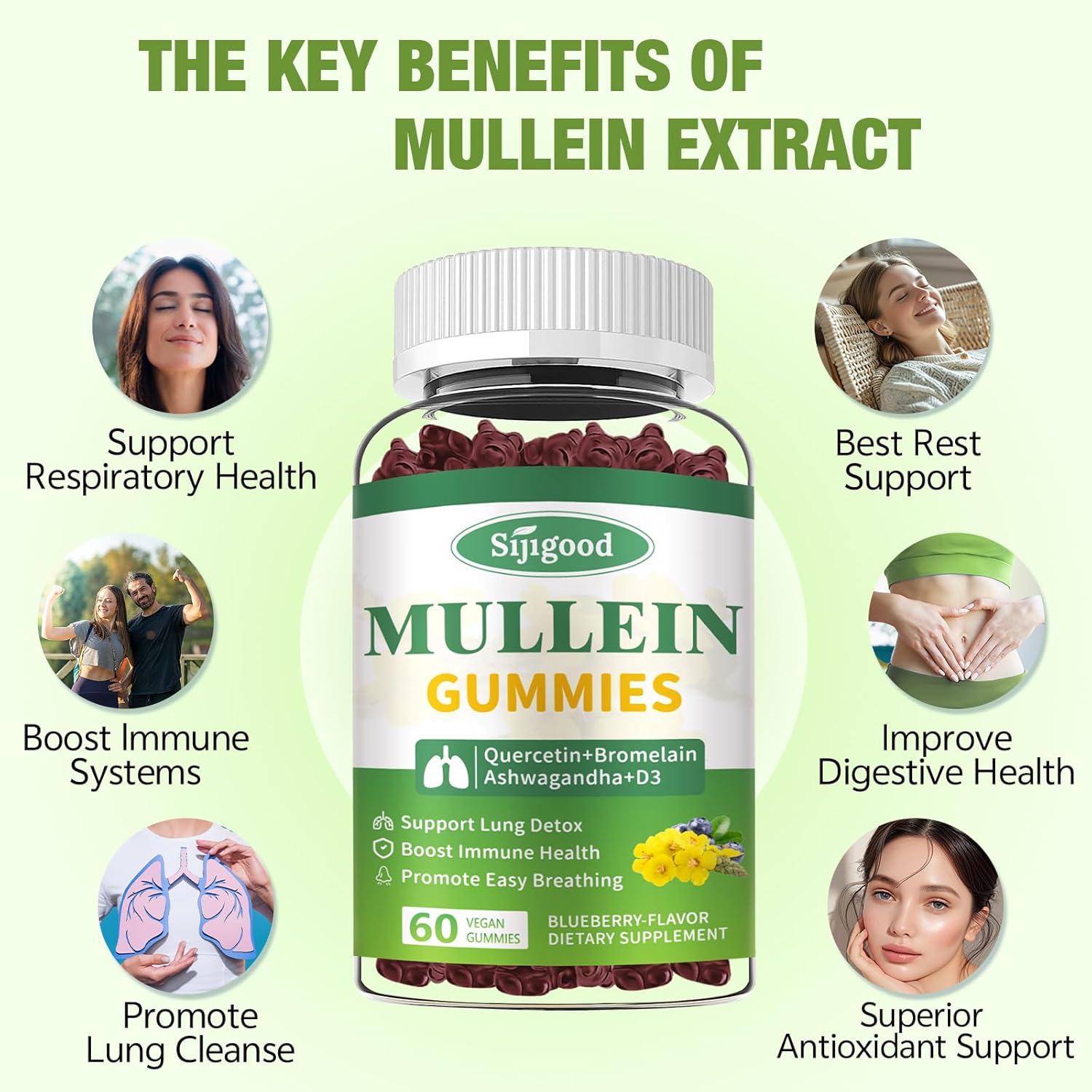 Blueberry Flavored Mullein Leaf Gummies with Bromelain & Quercetin - Sugar-Free Lung Cleanse & Immune Support - 60 Count