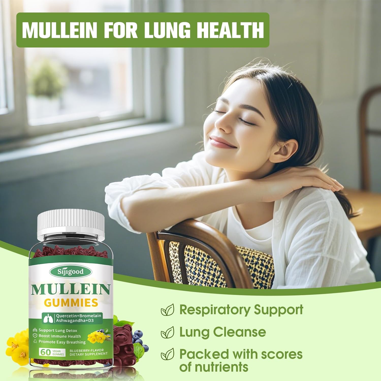 Blueberry Flavored Mullein Leaf Gummies with Bromelain & Quercetin - Sugar-Free Lung Cleanse & Immune Support - 60 Count