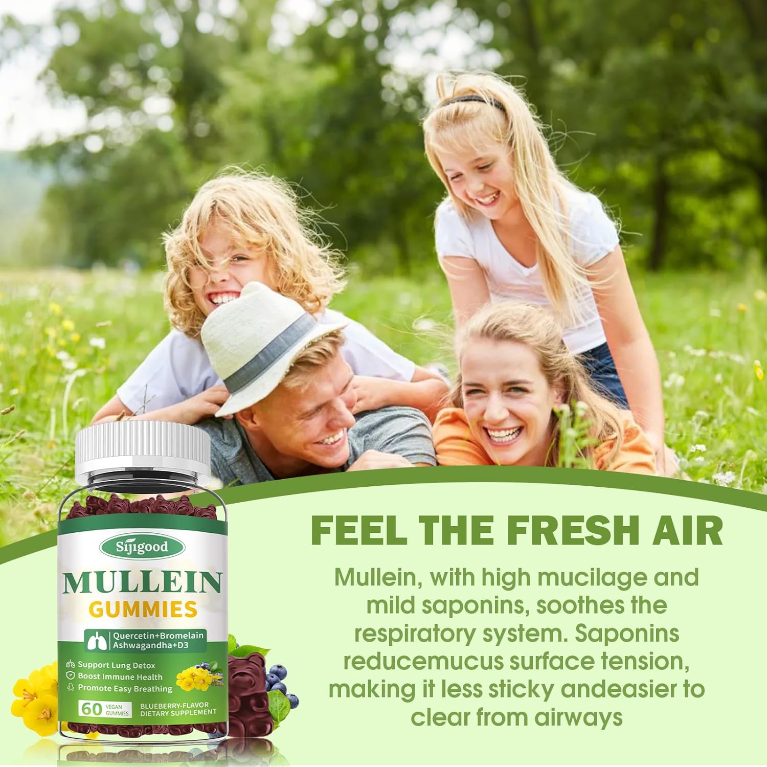 Blueberry Flavored Mullein Leaf Gummies with Bromelain & Quercetin - Sugar-Free Lung Cleanse & Immune Support - 60 Count