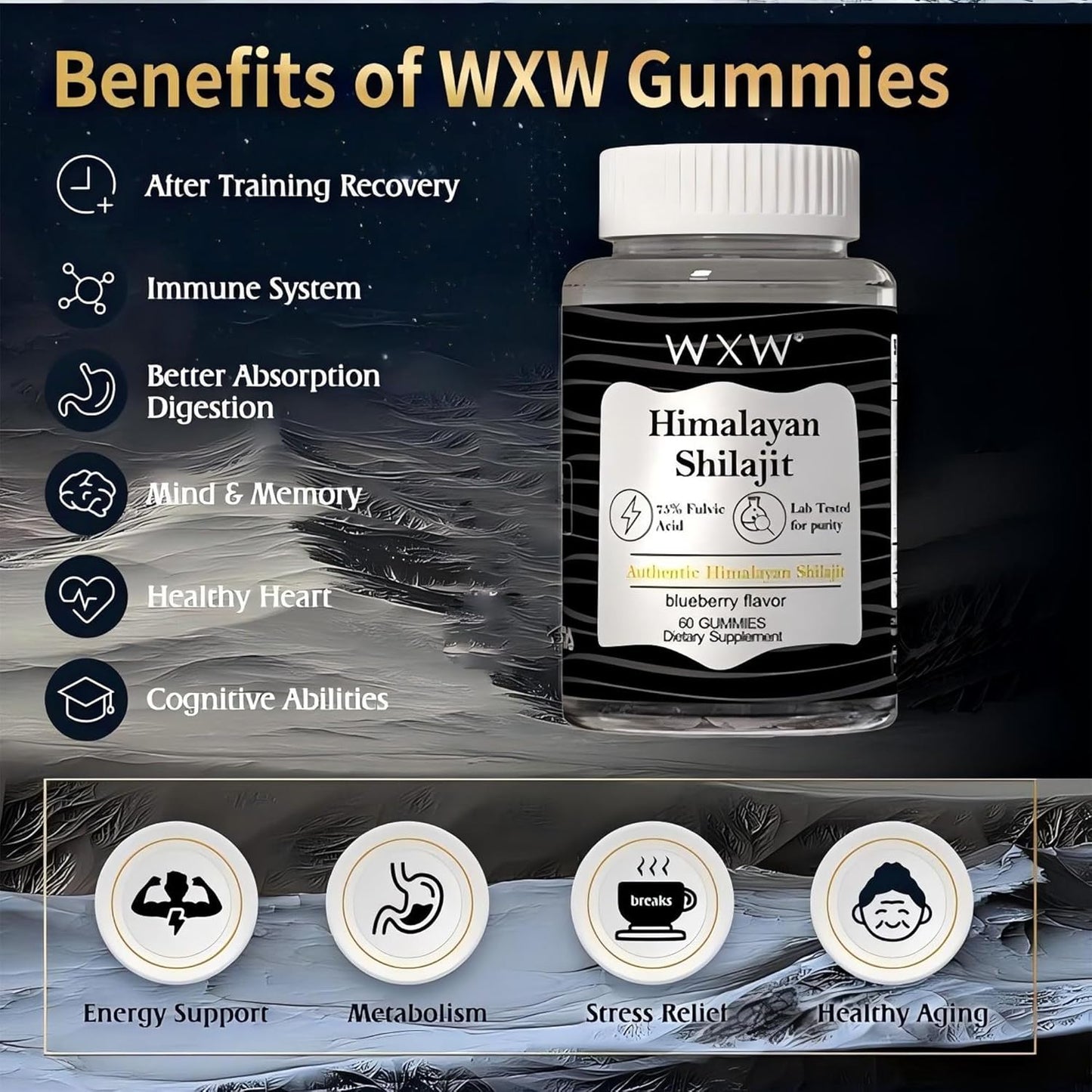 Blueberry Flavored Shilajit Gummies with Trace Minerals and 75% Fulvic Acid - 60 Count Honey Sticks - Lab Tested 600 MG