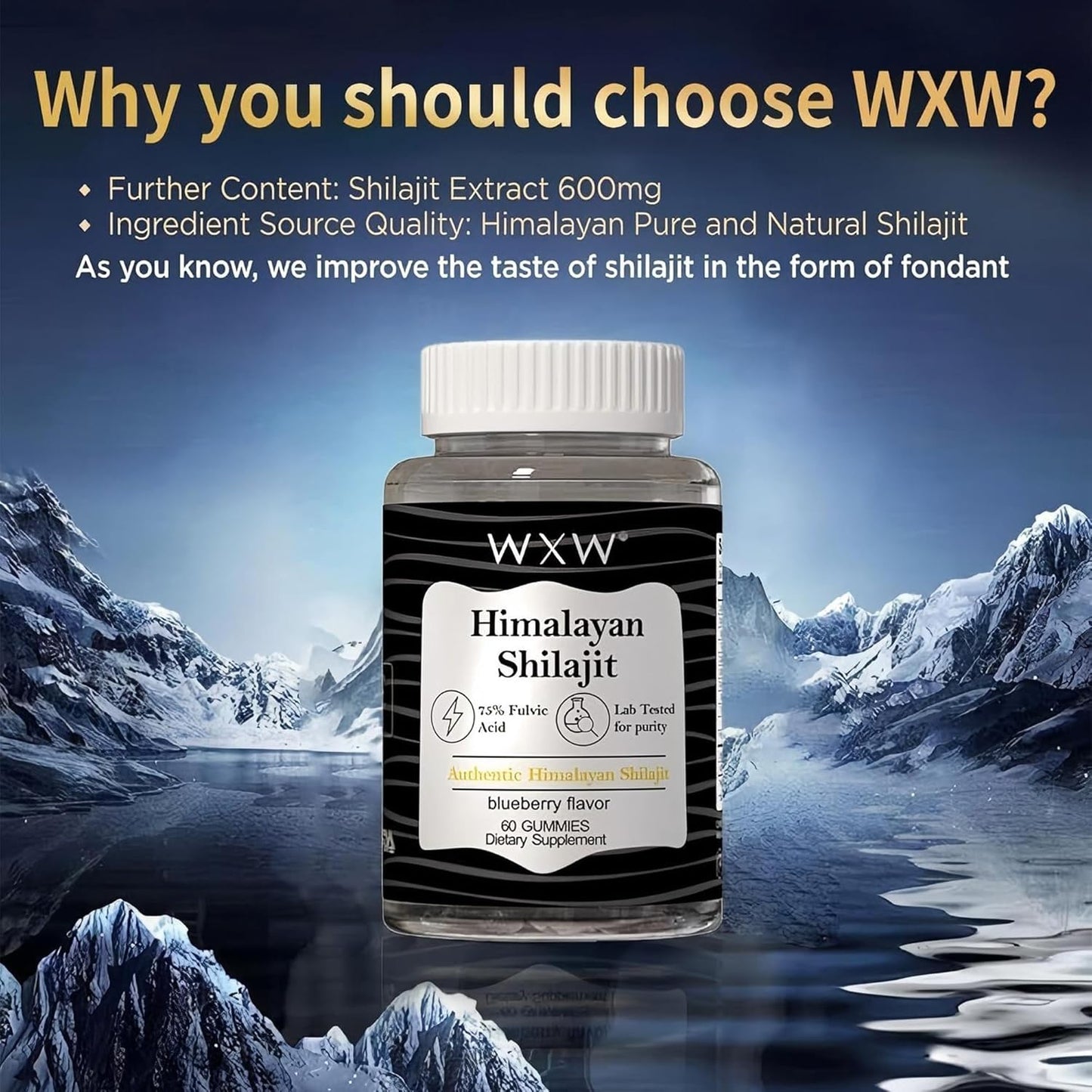 Blueberry Flavored Shilajit Gummies with Trace Minerals and 75% Fulvic Acid - 60 Count Honey Sticks - Lab Tested 600 MG