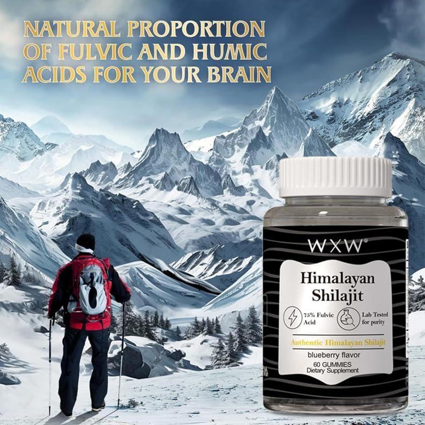 Blueberry Flavored Shilajit Gummies with Trace Minerals and 75% Fulvic Acid - 60 Count Honey Sticks - Lab Tested 600 MG
