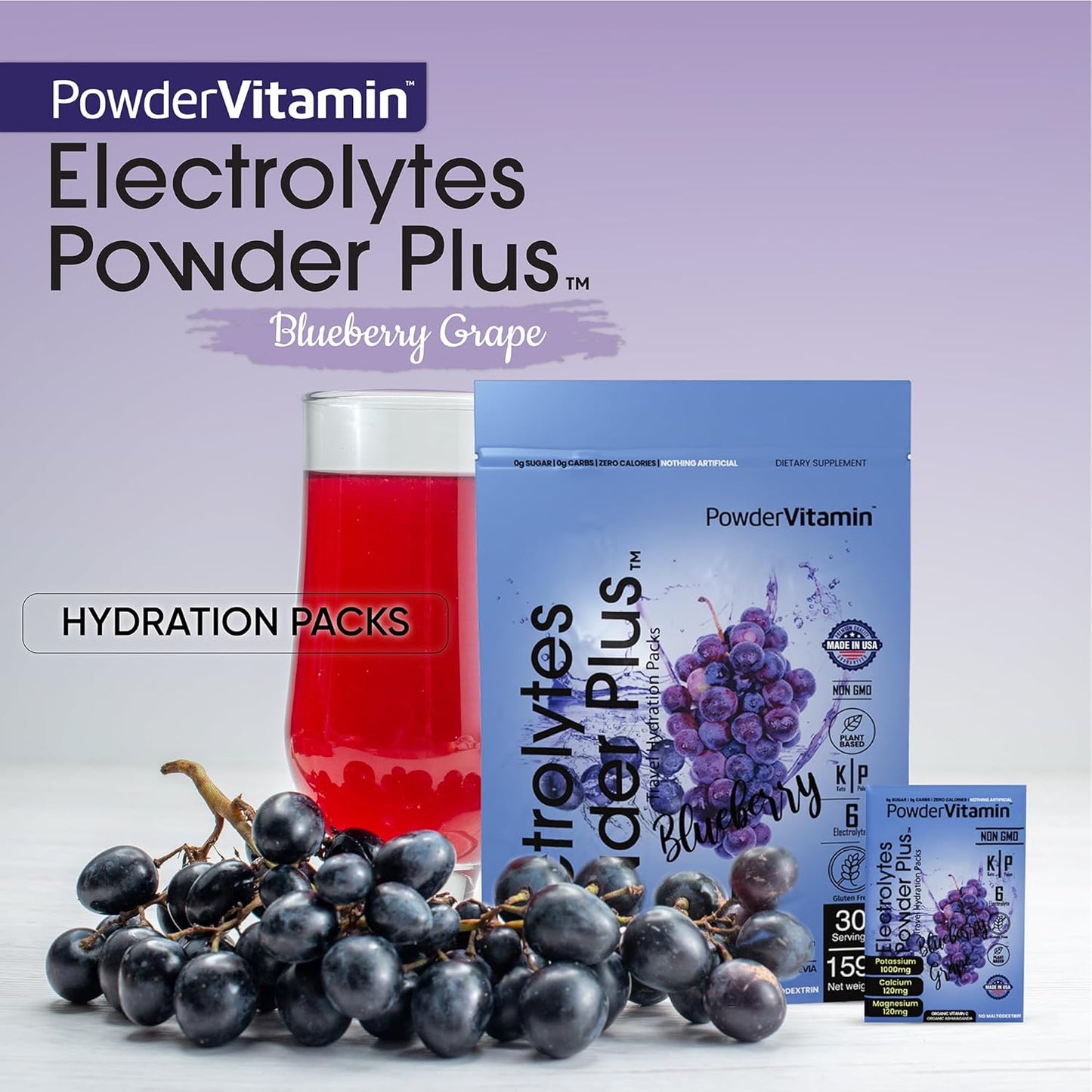 Blueberry Grape Keto Electrolyte Powder with Potassium, Calcium, Magnesium - Non-GMO, Zero Sugar, Zero Calories - 30 Packets