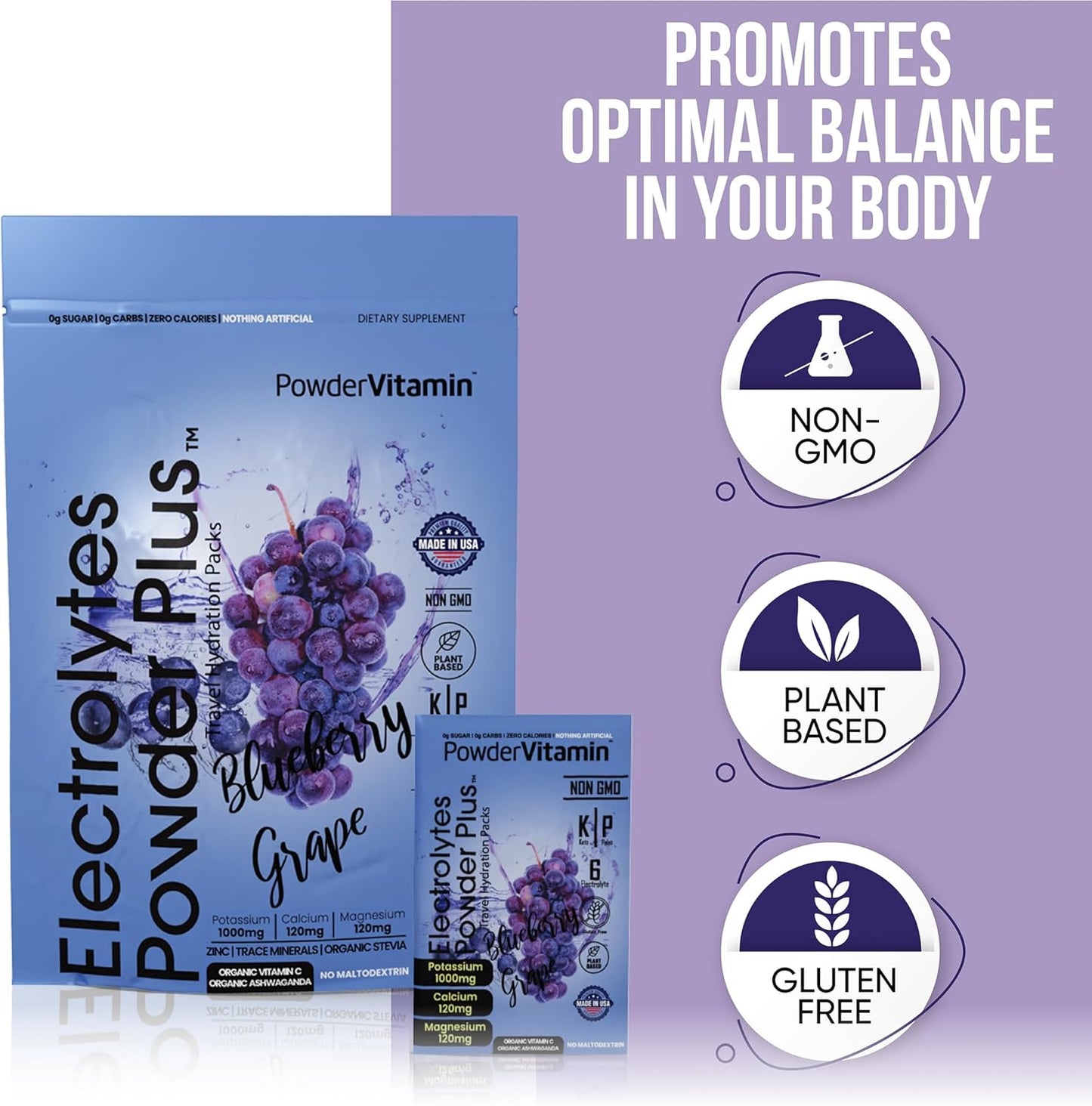 Blueberry Grape Keto Electrolyte Powder with Potassium, Calcium, Magnesium - Non-GMO, Zero Sugar, Zero Calories - 30 Packets