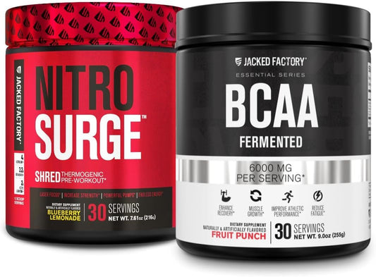 Blueberry Lemonade Nitrosurge Shred Thermogenic Pre-Workout & Fruit Punch BCAA Combo for Body Recomposition, Muscle Building, and Recovery