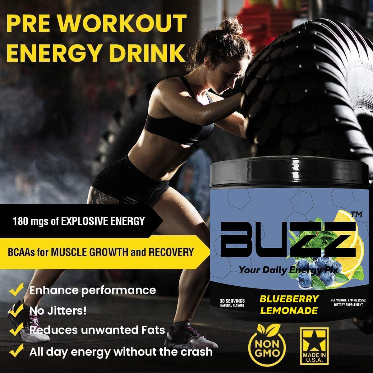 Blueberry Lemonade Sport Energy Drink Powder - Sugar-Free Energy Boost Mix with Antioxidants - Sports Nutrition Endurance, 30 Servings