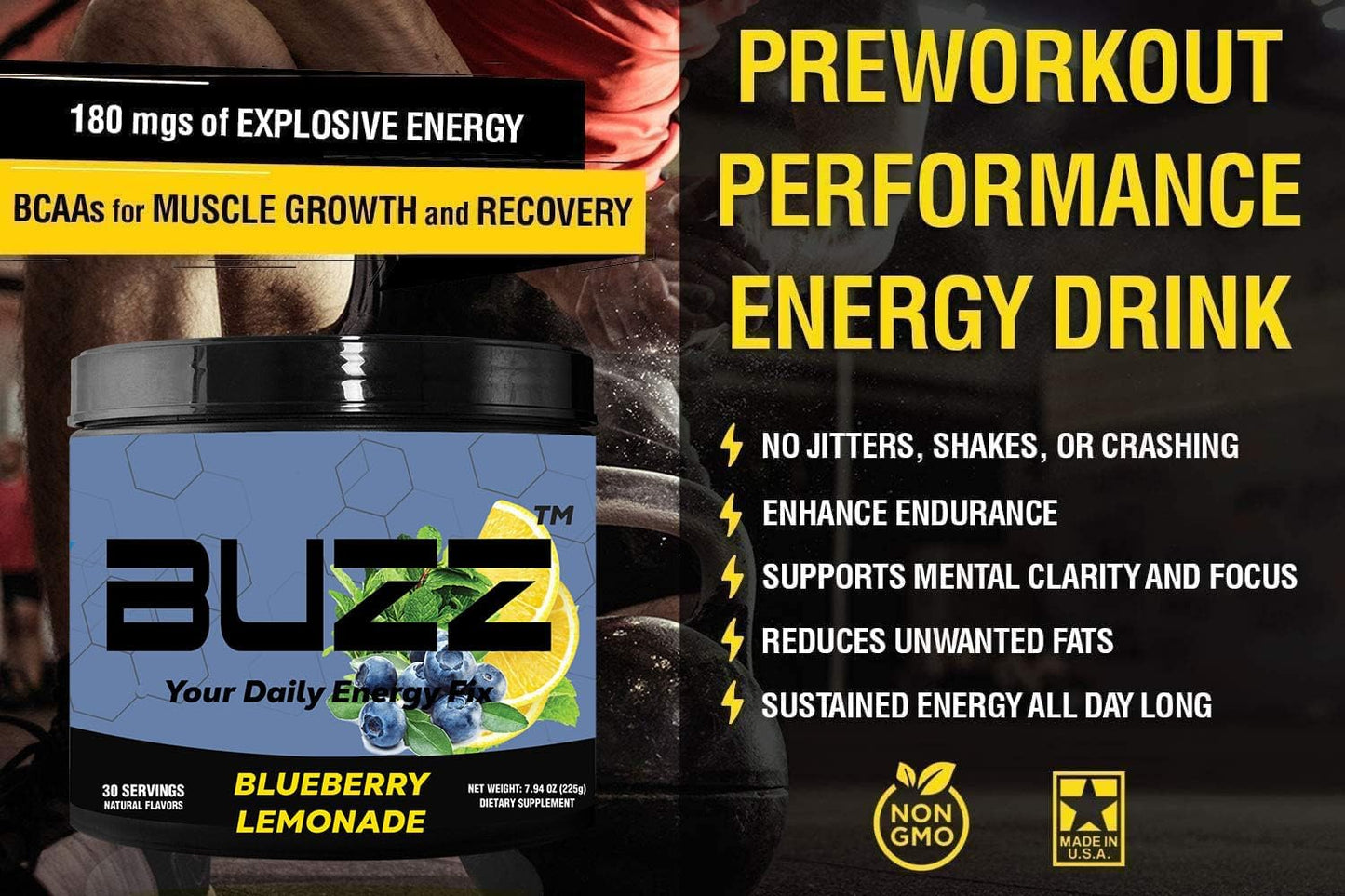 Blueberry Lemonade Sport Energy Drink Powder - Sugar-Free Energy Boost Mix with Antioxidants - Sports Nutrition Endurance, 30 Servings