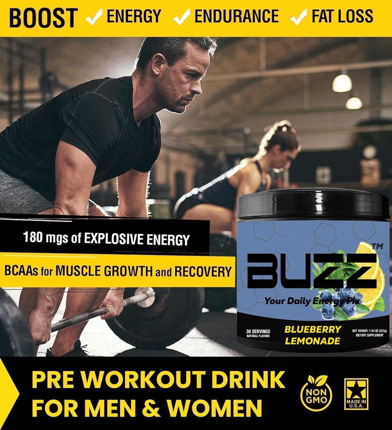 Blueberry Lemonade Sport Energy Drink Powder - Sugar-Free Energy Boost Mix with Antioxidants - Sports Nutrition Endurance, 30 Servings