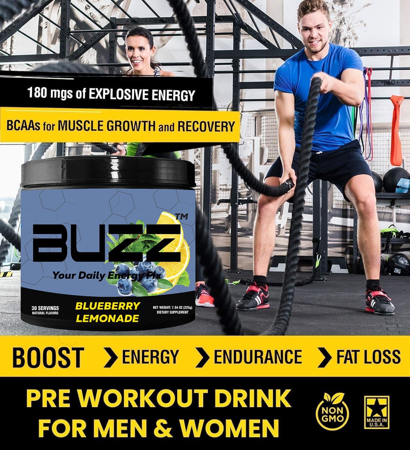Blueberry Lemonade Sport Energy Drink Powder - Sugar-Free Energy Boost Mix with Antioxidants - Sports Nutrition Endurance, 30 Servings