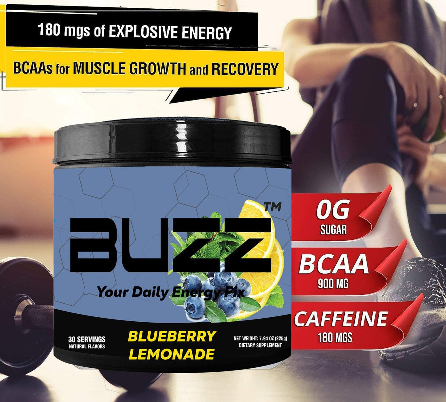 Blueberry Lemonade Sport Energy Drink Powder - Sugar-Free Energy Boost Mix with Antioxidants - Sports Nutrition Endurance, 30 Servings