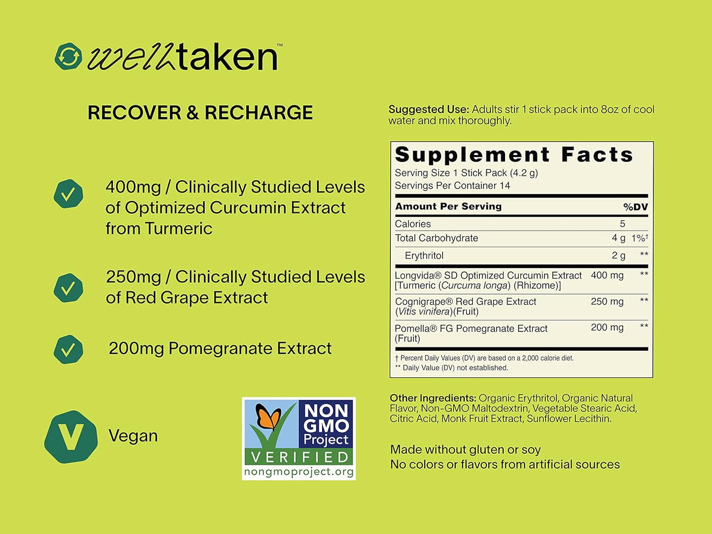 Blueberry Lime Turmeric Curcumin Recover Powder - 14ct Box, 400mg Optimized Curcumin with Pomegranate and Red Grape - Supports Energy Levels - Vegan, 14 Servings