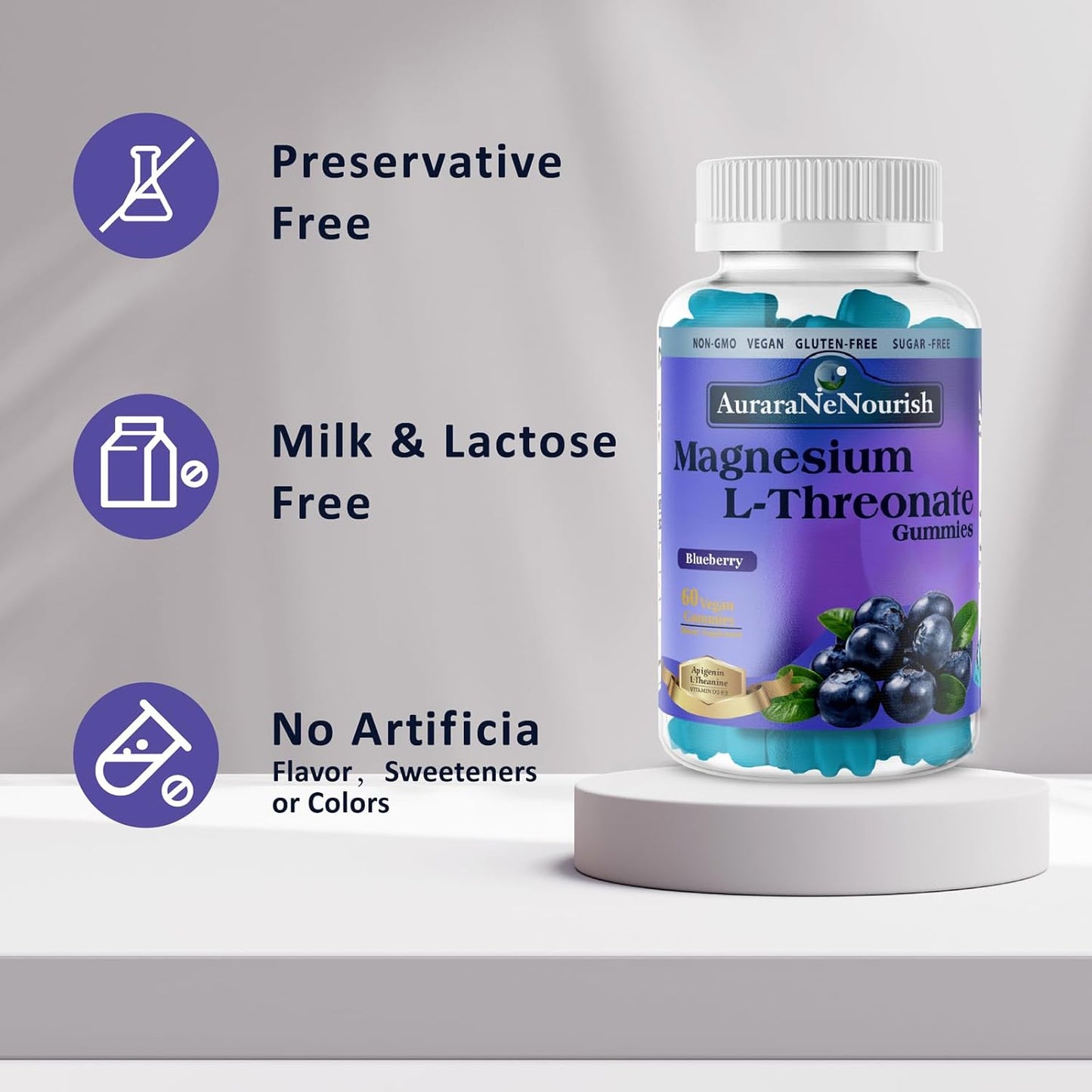 Blueberry Magnesium Threonate Gummies with Brain Support - Vegan & Keto-Friendly
