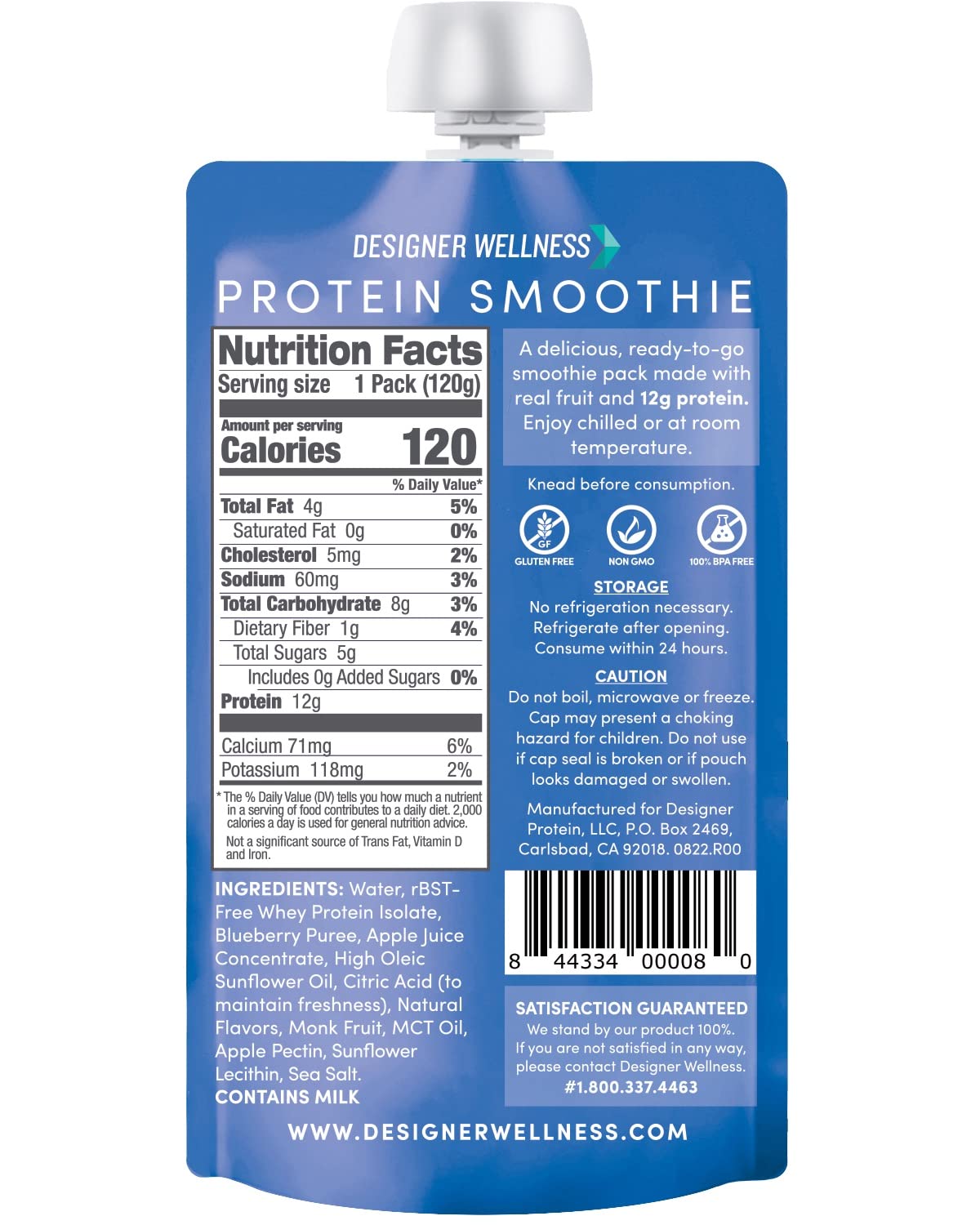 Blueberry Vanilla Designer Protein Smoothie - 12g Protein, Low Carb, No Added Sugar - Gluten-Free, Non-GMO - 12 Count