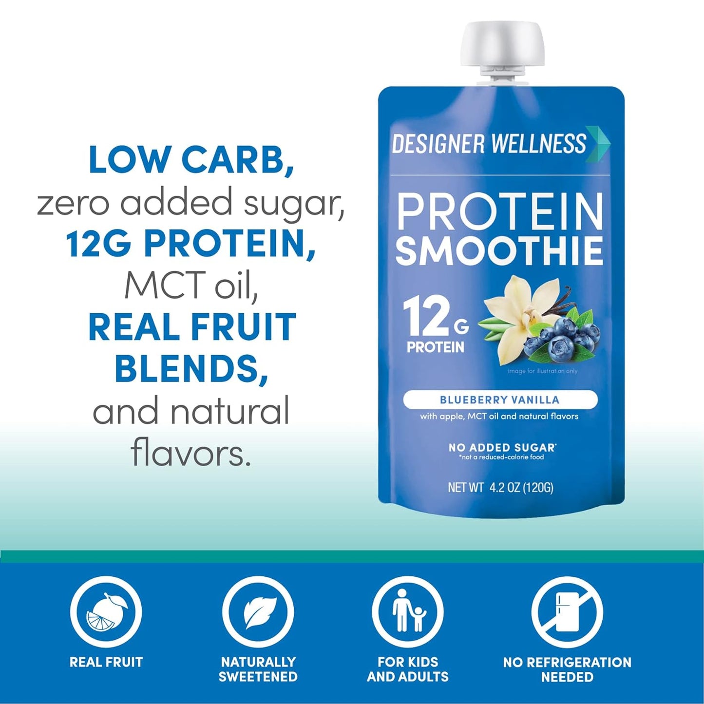 Blueberry Vanilla Designer Protein Smoothie - 12g Protein, Low Carb, No Added Sugar - Gluten-Free, Non-GMO - 12 Count