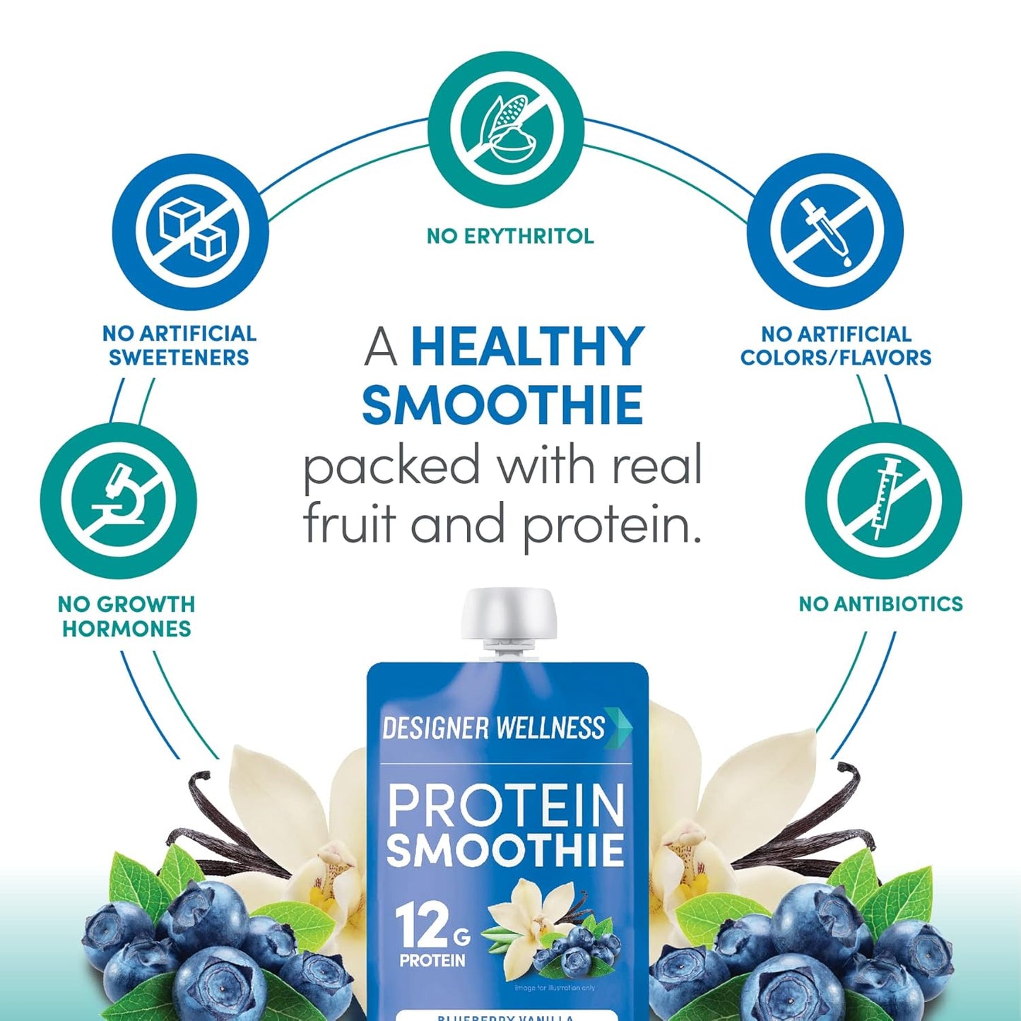 Blueberry Vanilla Designer Protein Smoothie - 12g Protein, Low Carb, No Added Sugar - Gluten-Free, Non-GMO - 12 Count