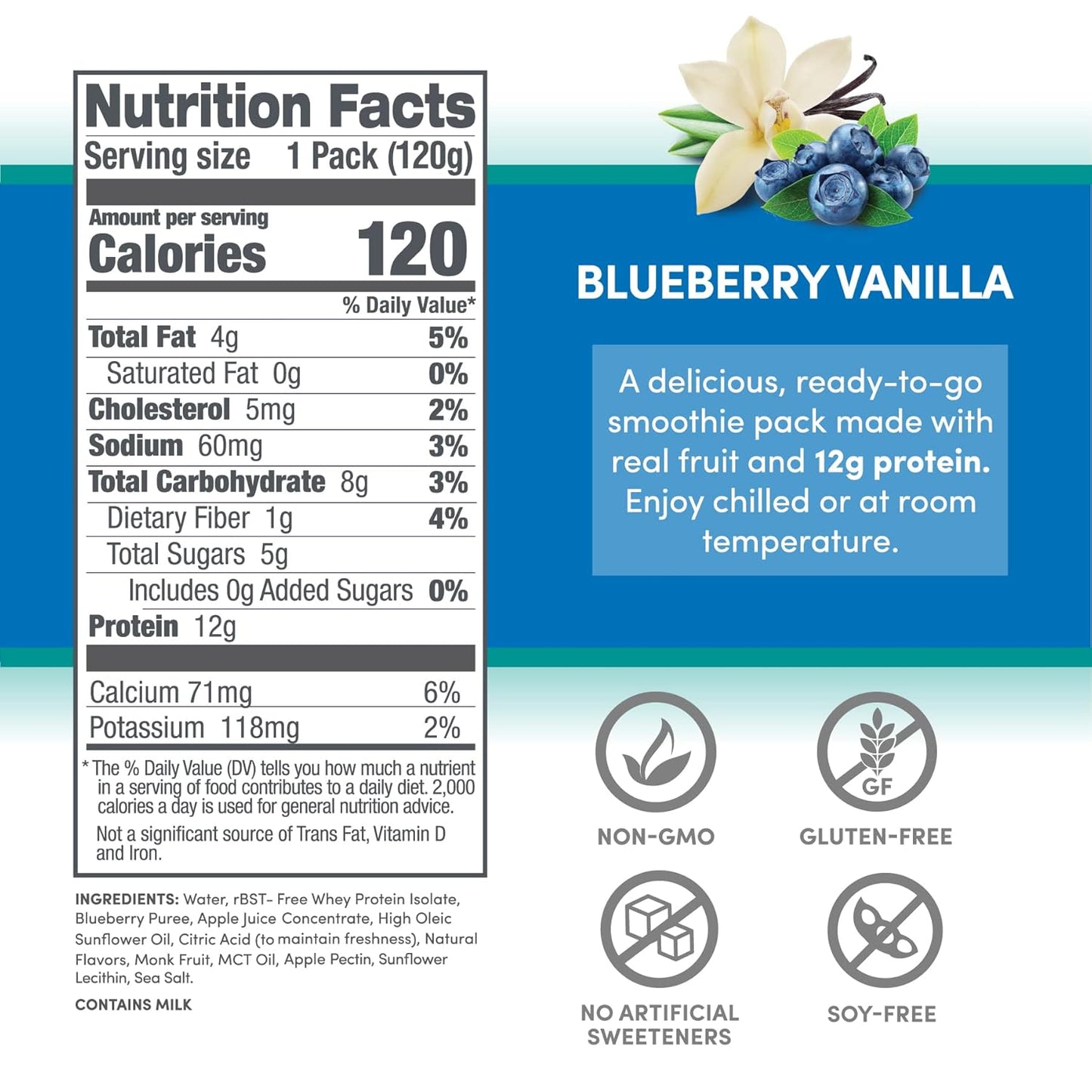 Blueberry Vanilla Designer Protein Smoothie - 12g Protein, Low Carb, No Added Sugar - Gluten-Free, Non-GMO - 12 Count