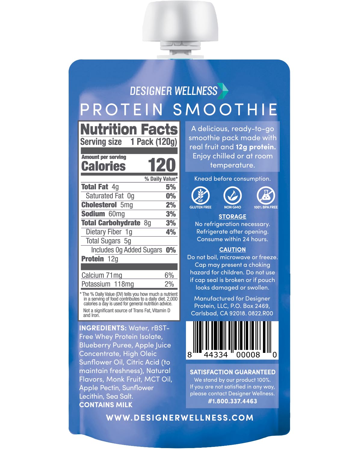 Blueberry Vanilla Designer Protein Smoothie - 12g Protein, Low Carb, No Added Sugar - Gluten-Free, Non-GMO - 12 Count