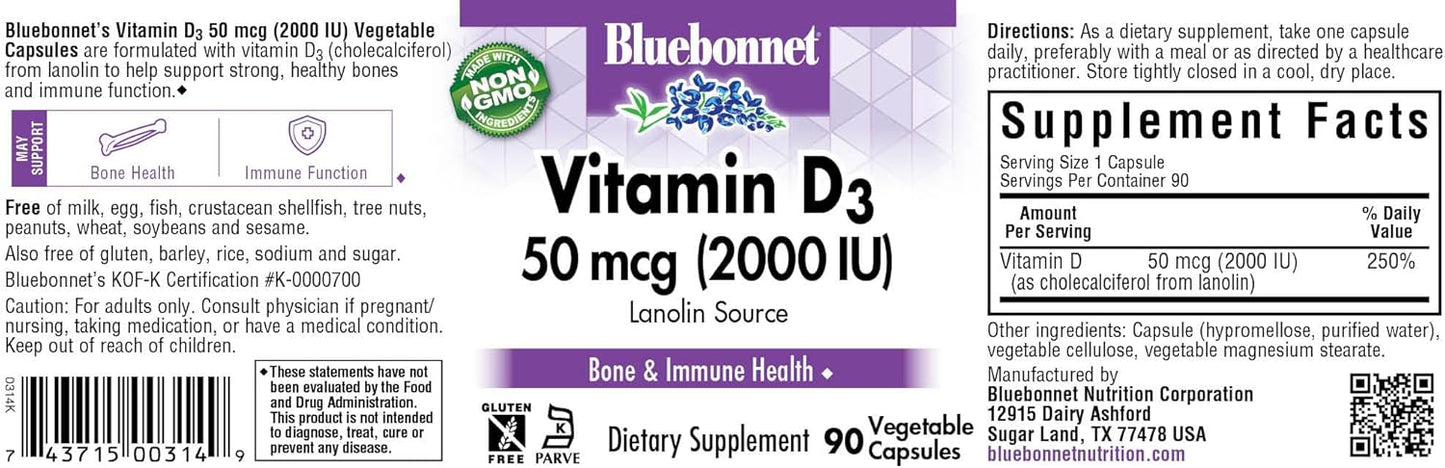 BlueBonnet 2000 IU Vitamin D3 Capsules - 90 Count, Vegetarian Friendly